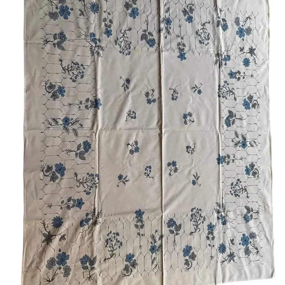 Vintage tablecloth printed cotton rectangle faded PINK blue & gray floral design